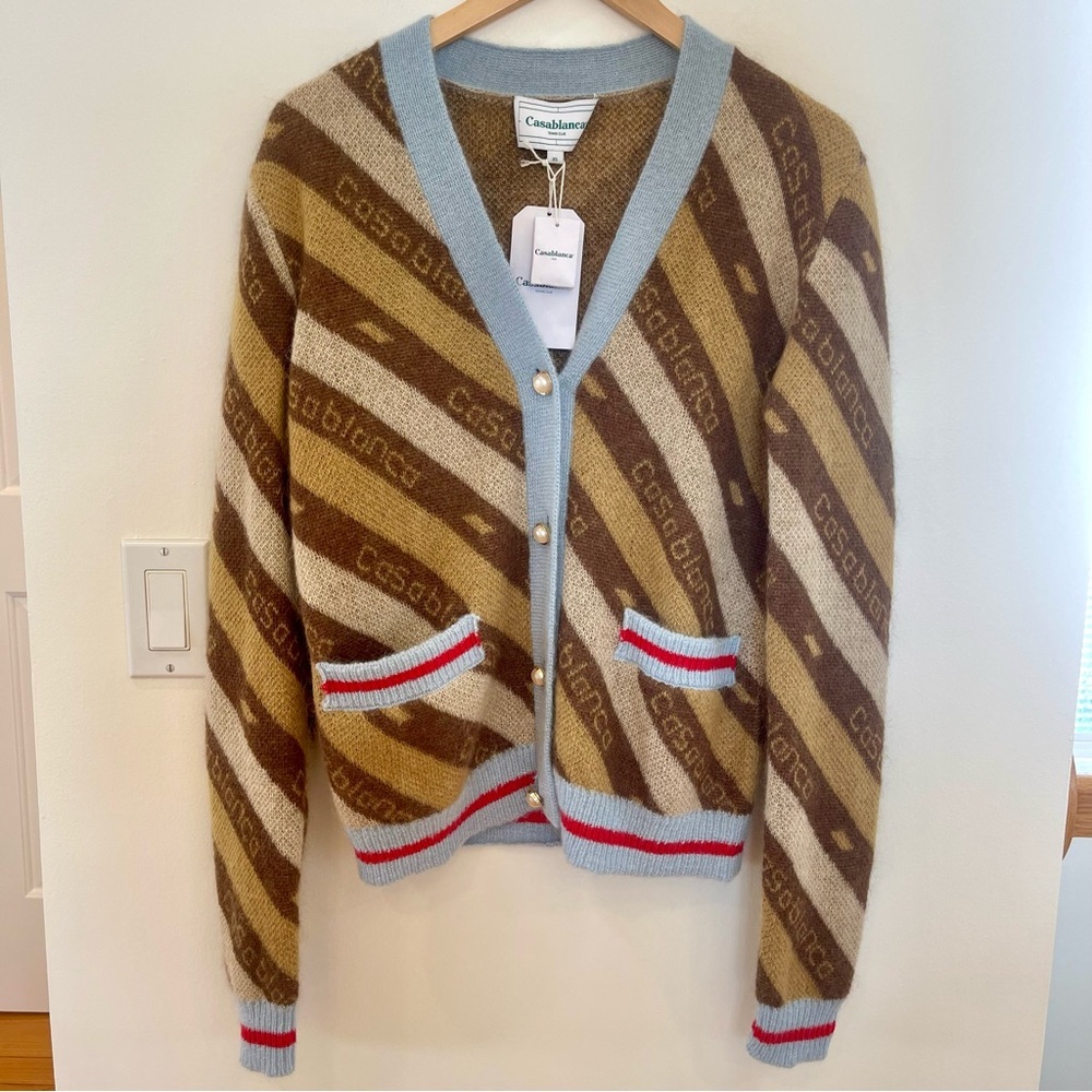 Nwt Casablanca Diagonal Logo Cardigan Mohair Tan Knit Sweater